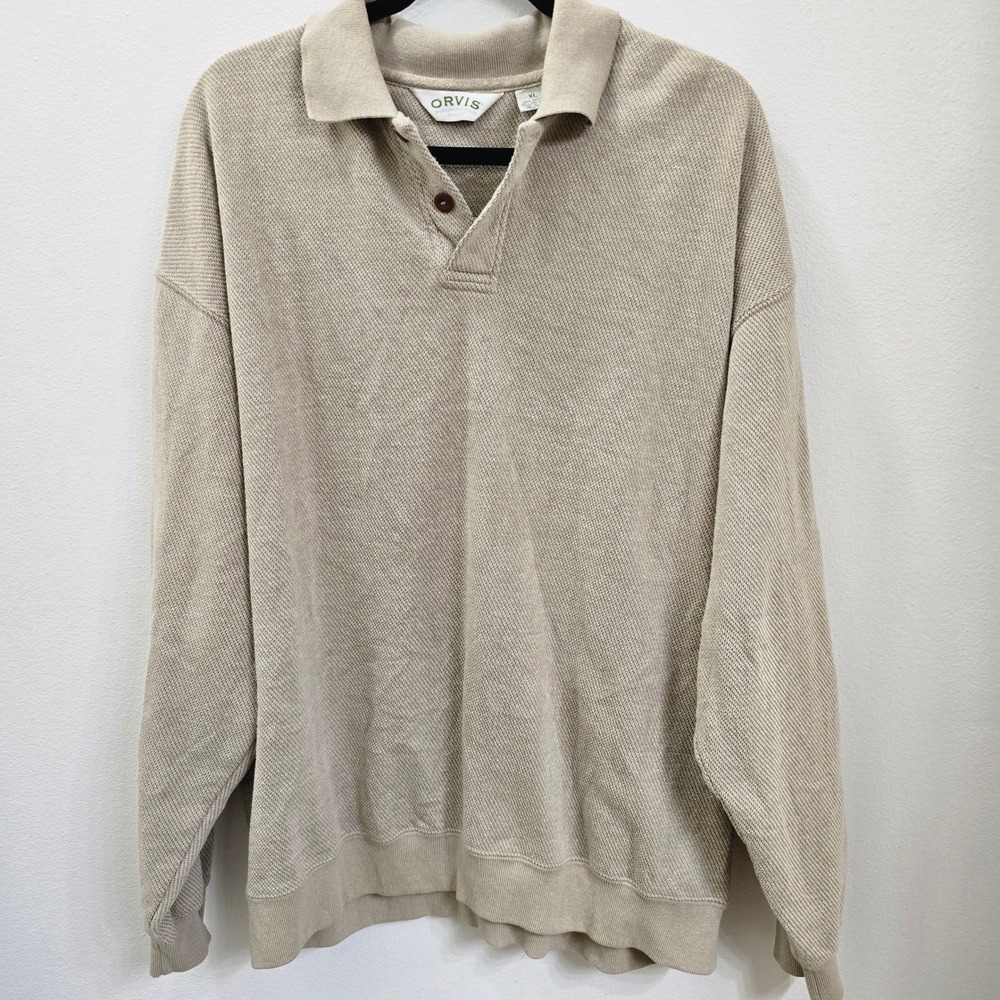 Orvis Mens XL Tan Beige Long Sleeve Polo Sweater‎ Elbow Patches Cotton Blend